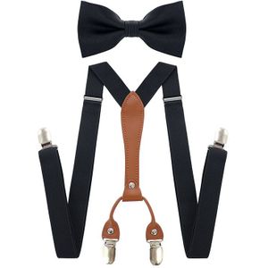 Verstelbare Elastische Y Vorm Mannen Bretels Bowtie Set Zwarte Elastische Clip-on Bretels Riem met Lederen Pak Business Bruiloft