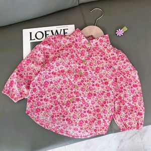 Lente Herfst Meisjes Blouse Baby Shirt Kinderen Tops Kinderen Mode Kleding Rose Bloemen Aop Bladerdeeg Mouw Turn Down Kraag 2 om 8 Jr