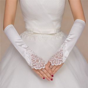 Hongfuyu Bruiloft Accessoires Bridal Handschoenen Kant Satijn Vingerloze Handschoenen Met Kralen Wit/Beige/Rood/Zwart