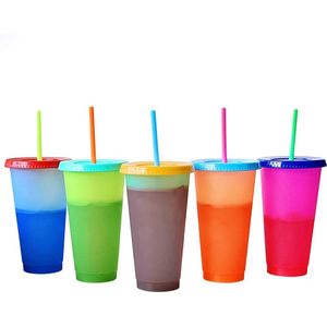 Mongka 5 Sets 24Oz Plastic Kleur Veranderende Drink Cups, blank Herbruikbare Koud Drankje Kopjes Met Deksels En Rietjes 700Ml 5 Kleur