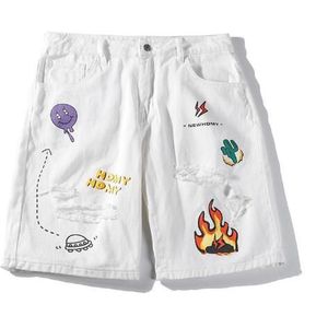 Fire Flame Cactus Print Vernietigd Ripped Baggy Denim Jean Shorts Streetwear Hip Hop Casual Jeans Korte Broek Zwart