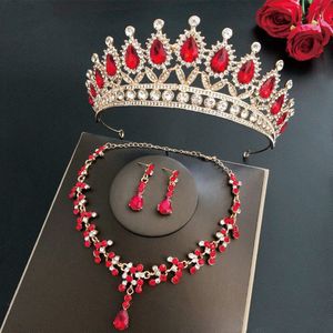 Barokke Vintage Bruiloft Kroon Tiara Goud Rode Kristal Bloem Bruids Sieraden Sets Afrikaanse Kralen Sieraden Set Oorbellen Ketting Set