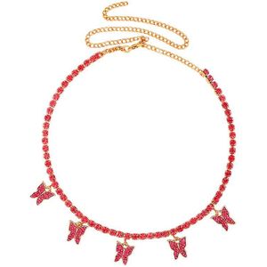 Flatfoosie Shiny Rose Rode Vlinder Strass Hanger Ketting Voor Vrouwen Bling Tennis Chain Ketting Mode-sieraden