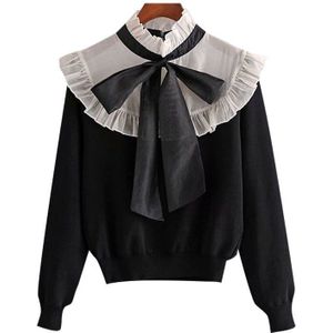 Kpytomoa Vrouwen Mode Organza Patchwork Ruches Gebreide Trui Vintage Hoge Kraag Bow Gebonden Vrouwelijke Truien Chic Tops