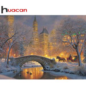 Huacan 5D Diamant Schilderij Vierkante Steentjes Stad Bridge Diamond Mozaïek Borduurwerk Winter Landschap Decoratie Voor Thuis