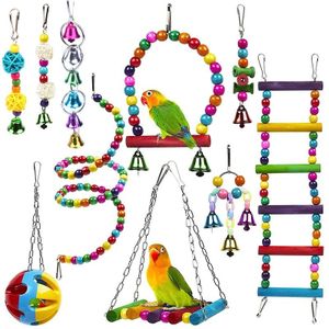 10 Pack Vogelkooi Speelgoed Voor Papegaaien Betrouwbare & Chewable - Swing Opknoping Kauwen Bijten Brug Houten Kralen Bal Bel speelgoed