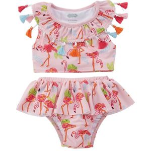 2 Stuks Zomer Badpak Infant Kids Baby Meisjes Bikini Set Flamingo Badmode Kwasten T Shirts Tops + Shorts Kleurrijke Baden pak 0-5T