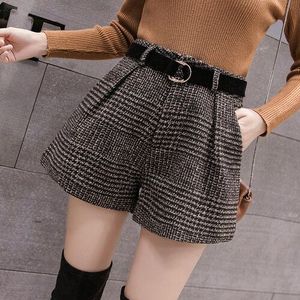 Koreaanse Hoge Taille Plaid Wijde Pijpen Shorts Femme Casual Losse Laarzen Shorts Lente Herfst Wollen Shorts Vrouwen 6309 50