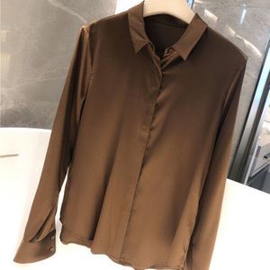 Casual Dames Blouse Chocolade Kleur Comfortabele Imitatie Zijde Shirt Top