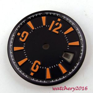 31.5mm zwarte wijzerplaat orange markers datum venster fit eta 2836 mingzhu 2813 4813 beweging heren horloge Wijzerplaat