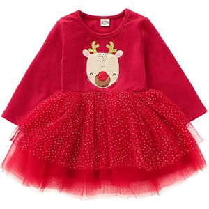 18M-4Y Kerst Baby Meisje Rode Jurk Peuter Baby Baby Kid Meisje Herten Lange Mouw Kant Tutu Jurk Prinses Xmas Baby kleding
