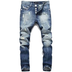 Balplein 100% Katoen. Nieuw Mannen Jeans Bluecolor Straight Fit Knoppen Lange Broek Top Ripped Jeans Men29-38