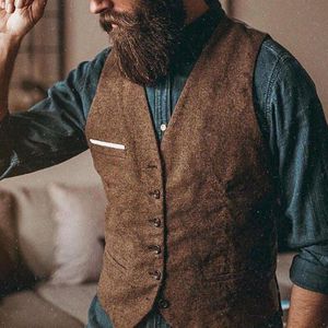 Mannen Pak Vest Koffie V-hals Vintage Single Breasted Vest Mannelijke Gentleman Business Vest Voor Grooms Trouwjurk Vest