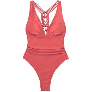 Seaselfie Coral Red Gevlochten Terug En Strappy Eendelig Badpak Vrouwen Sexy V-hals Monokini Badmode Badpak Beachwear