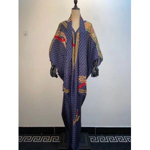 Classy Zomer V-hals Vrouwen Zijden Kaftan Lange Jurk Mode Afdrukken Losse Gewaad Met Sjaal Afrikaanse Jurk Voor Vrouwen