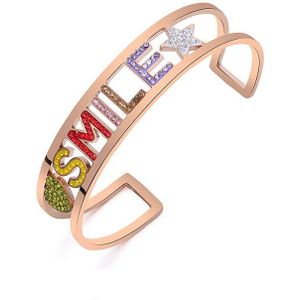 Rose Gold SMILE Brief rvs Open Manchet Armband Armband Voor Vrouwen Clear Kleurrijke Crystal Bangle Voor liefde
