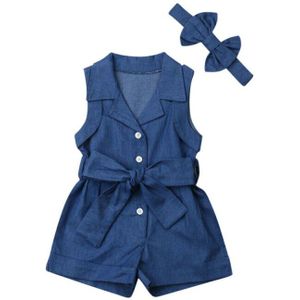 Zomer Peuter Kids Baby Meisje Rompertjes Hoofdband Kleding Denim Mouwloze Blauw Romper Jumpsuit 2 Stuks Outfits Set