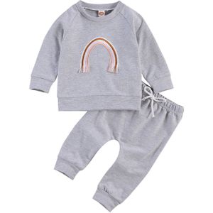 Focusnorm 0-24M Pasgeboren Baby Meisjes Jongens Kleding Sets Regenboog Print Lange Mouw Sweatshirt Tops Broek 2 stuks