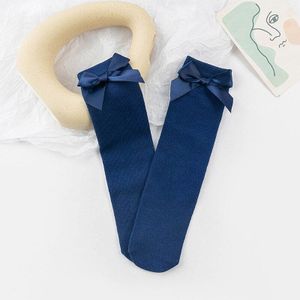 Meisjes Kniekousen Met Bogen Snoep Kleur Katoen Ademende Kousen Prinses Sokken School Marine Blauwe Sokken