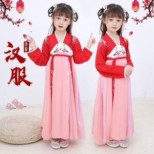Rode Hanfu Kinderen Lange Mouw Klassieke Dans Kostuum Chinese Traditionele Hanfu Fee Jurk Stadium Slijtage Kostuum Voor Kids SL1086
