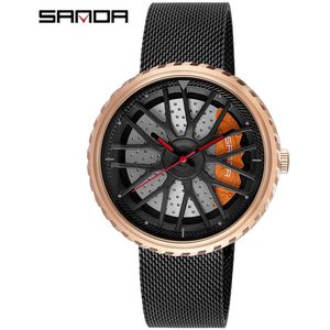 Sanda Mode Mannen Quartz Horloges Casual Steel Grid Waterdicht Horloges 3D Auto Wiel Model Wijzerplaat Mannen Klok Relogio Masculino