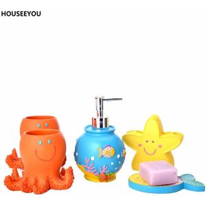 Cartoon Zee Stijl Hars Zeepbakje Dispenser Tandenborstelhouder Cup Badkamer Accessoires Set Kinderen Baby Kids 5 stks/set