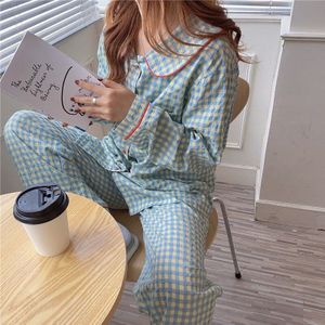 Herfst Vrouwelijke Plaid Pyjama Set Losse Vintage Nachtkleding Lange Mouw Blouses + Elastische Taille Broek Turn-Down Kraag Homewear s1028