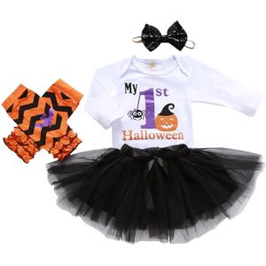 Pasgeboren Baby Kid Meisje Mijn Halloween Kleding Pompoen Gedrukt Romper Top Tutu Rok Jurk Hoofdband Been Mouwen Kleding Pak 4 stuks