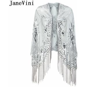 Janevini Bling Zwart Goud Pailletten Sjaals Wraps Bridal Bolero Lange Kwasten Kralen Korte Cape Shrugs Voor Bruiloft Accessoires