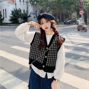 Vrouwen Sets Twee Stukken Enkele Breasted Puff Mouwen Solid Button Shirt Losse V-hals Plaid Vest Zoete Studenten Ulzzang Uitloper ins