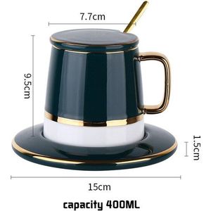 Keramische Mok Met Deksel Melk Koffie Cup Creatieve Eenvoudige Espresso Paar Thee Cup Set 400Ml Donkergroen Goud Lepel mokken Koffie Cups