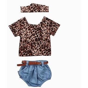 Zomer 3 Stks Pasgeboren Baby Meisjes Kleding Set Luipaard Korte Mouw + Denim Korte + Hoofdband Kinderkleding Outfits