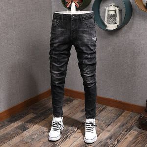 Streetwear Mannen Jeans Zwarte Kleur Elastische Slim Fit Ripped Jeans Mannen Denim Potlood Broek Koreaanse Stijl Hip Hop Jeans homme