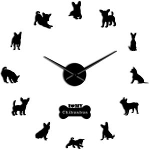 Mexico Hond Ras Chihuahua Diy 3D Acryl Wandklok Met Grote Klok Handen Spiegel Effect Nummers Sticker Hond Huisdier Giant muur Horloge