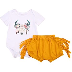 Pasgeboren Baby Meisjes Herten Tops Korte Mouw Romper + Kwasten Broek Shorts Outfits Kleding 0-24 M Sunsuit Kleding