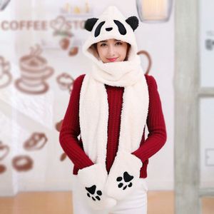 Koreaanse Stijl Herfst & Winter Double Layer Dikke Warm Een Stuk Leuke Panda Muts Sjaal Handschoenen Drie-delige Set