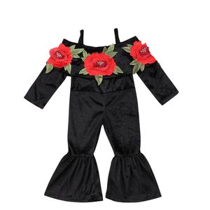 Emmababy Peuter Kids Meisjes Bloem Fluwelen Uitlopende Lange Mouw Romper Jumpsuit Playsuit Outfit Kleding Maat 2-6 t