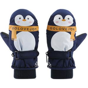Kids Boy Girl Cartoon Pinguïn Waterdichte Handschoenen Dubbele Laag Geribbelde Manchet Verstelbare Anti-Slip Winter Ski Winddicht Wanten 7-12T