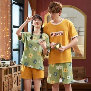Perfering Nachtkleding Sets Voor Vrouwen Man Groene Bloem Leuke Patroon Pyjama 100% Katoen Korte Homewear Ondergoed Pijamas