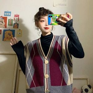 Gebreide Trui Vest Vrouwen Argyle Vintage Koreaanse Panelled Losse Casual Alle-Wedstrijd Open Stitch Eenvoudige Straat-dragen Ulzzang