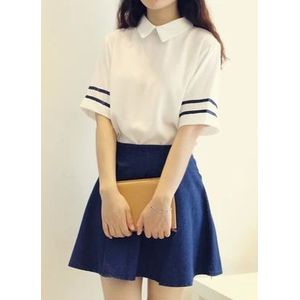 Mooie Meisje marine matrozenpakje schooluniform set Wit shirt + Denim Blauwe rok