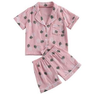 Kinderkleding Twee Stukken Nachtkleding Pak, korte Mouwen Single Breasted Shirt Tops Met Voorvak En Elastische Korte Broek