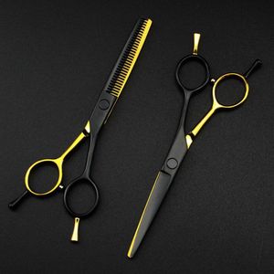 Professionele japan 440c 5.5 &#39;&#39;tweezijdige gold &amp; black hair schaar snijden kapper kapsel dunner schaar kappersscharen