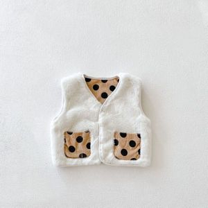 Jaar Kleding Winter Meisjes Jongens Meisjes Vest Dot V-hals Wit Fleece Innerlijk Omkeerbaar Vesten Kids Dikke Jas E5009