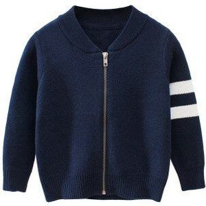 Donkerblauw Gestreept Jongens Meisjes Gebreide Vest Trui Mode Katoenen Kinderen Jas Bovenkleding Kleding Casual Warme Jas Kinderen