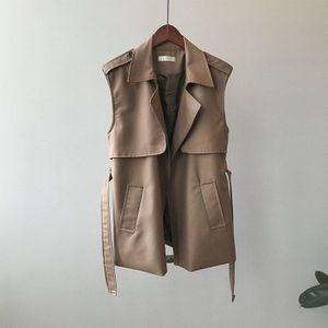 [Ewq] Herfst Newminimalist Mode Trend Dames Mouwloos Vest Turn-Down Kraag Safari Stijl Oversize jassen