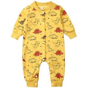Peuter Baby Boy Girl Warm Rompertjes Kleding Lange Mouwen Dinosaurus Print Enkele Breasted Romper Jumpsuit Outfit