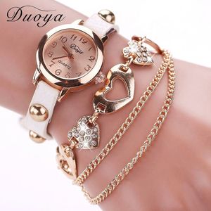 Duoya Horloges Vrouwen Luxe Rose Gouden Hart Lederen Horloges Dames Armband Chain Quartz Klok Kerstcadeau