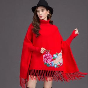 Mode kwastje zoom mantel trui shawl jas herfst en winter geborduurde hoge kraag trui vrouwelijke vleermuis mouw