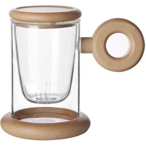 Glas Thee-ei Cup Borosilicaat Hittebestendig Glas Thee Beker Filter Thee Cup Met Houten Handvat Massief Houten Coaster Thee